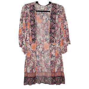 Knox Rose Kimono Blouse Womens Medium Multicolor Floral Sheer Open Boho Coverup